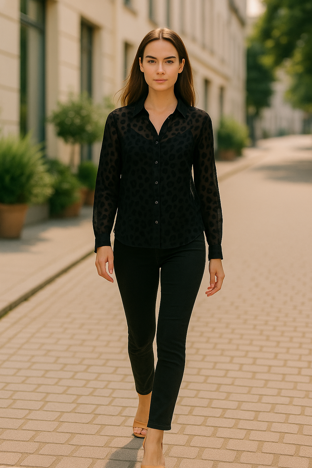 Women's Black Transparency Sheer Velvet-Leopard Shirt
