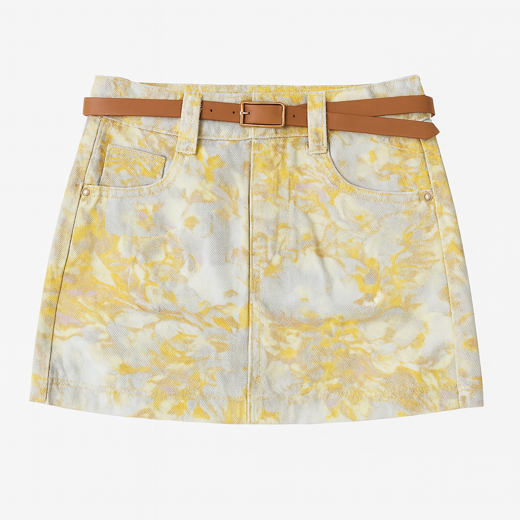 Yellow Floral Denim Mini Skirt With Belt