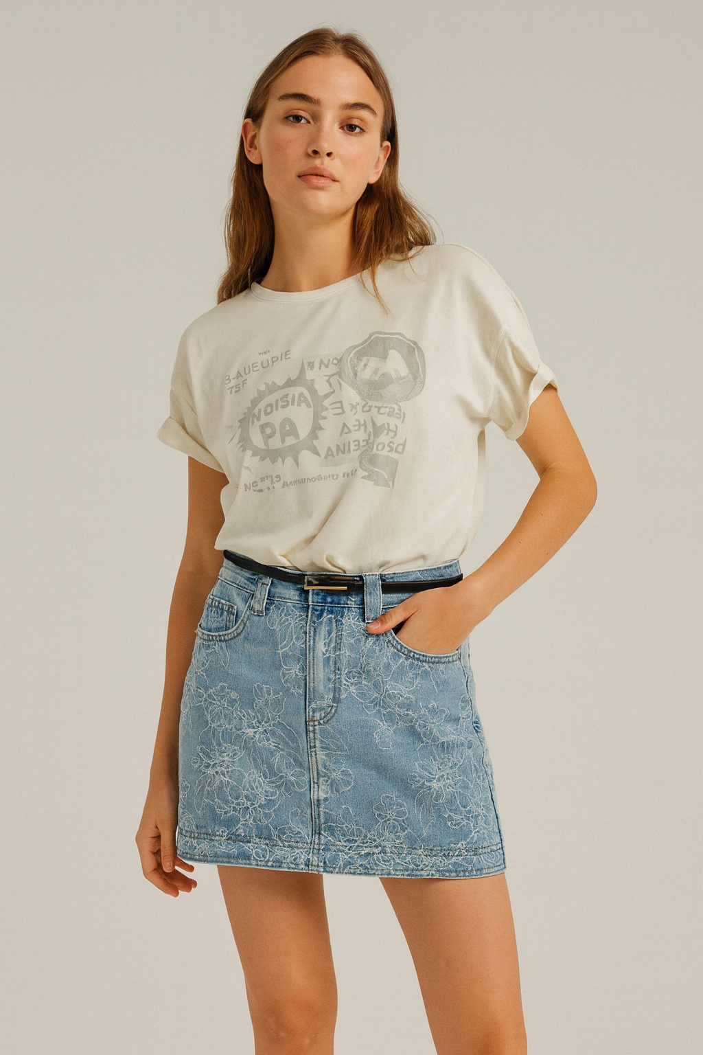 Floral Embroidered Denim Mini Skirt