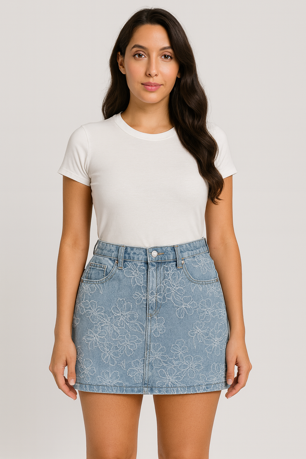 Floral Embroidered Denim Mini Skirt