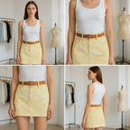 Yellow Floral Denim Mini Skirt With Belt